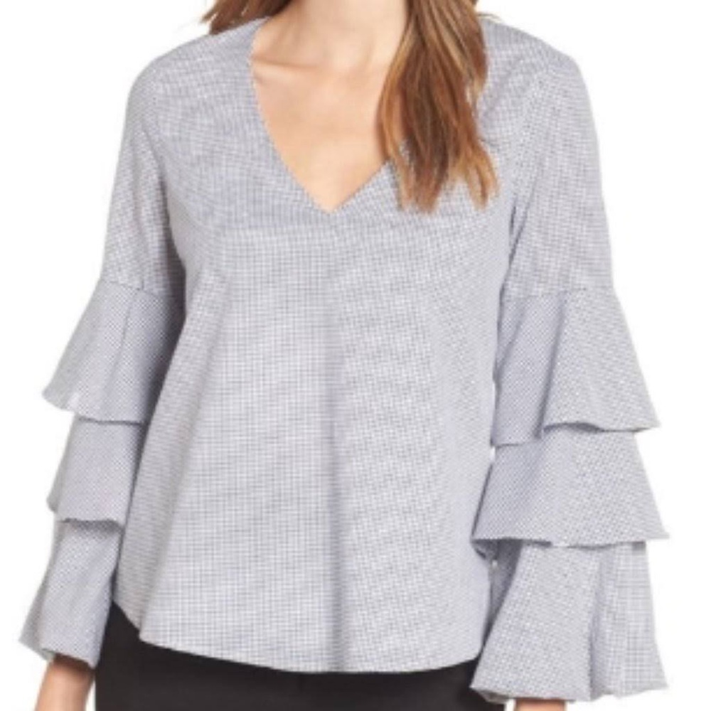 Wayf Black White Plaid Micah Ruffle Bell Sleeves V Neckline Blouse Top Medium